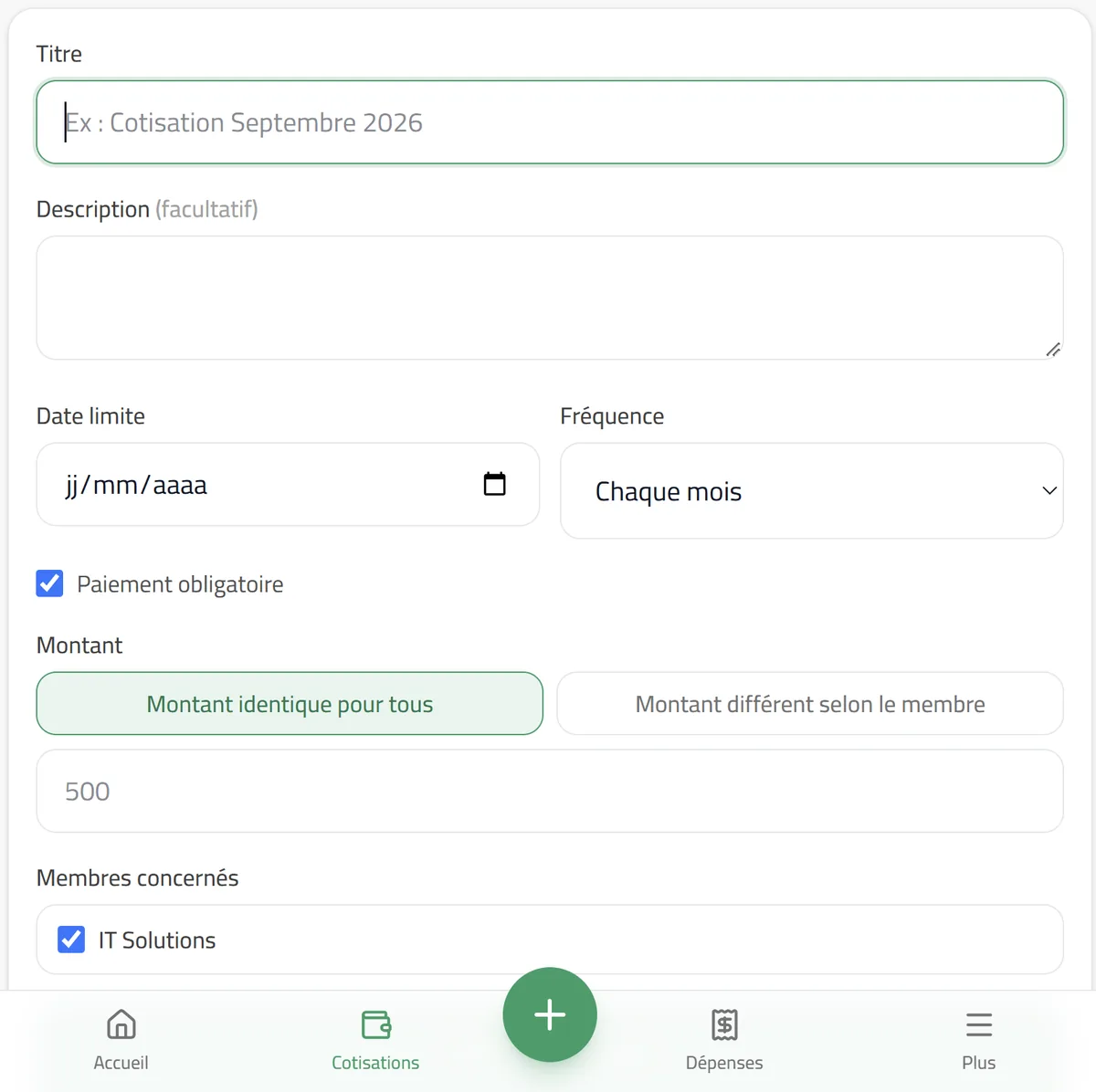 Prototype Hsabna : formulaire de création d'une cotisation avec titre, date limite, fréquence mensuelle, montant identique pour tous et membres concernés