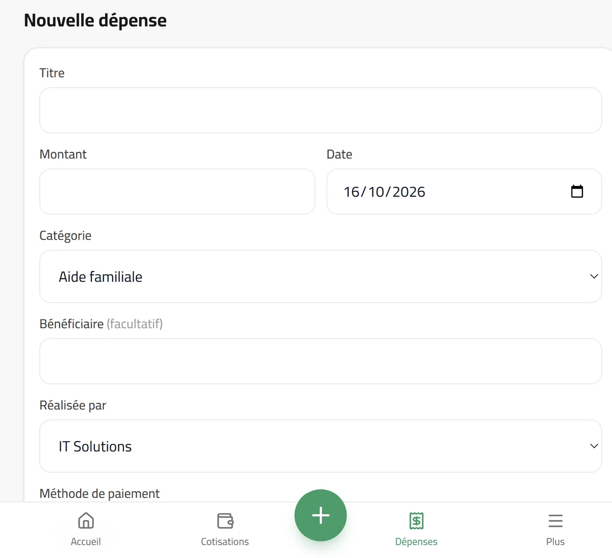Prototype Hsabna : formulaire « Nouvelle dépense » avec titre, montant, date, catégorie Aide familiale, bénéficiaire et membre ayant réalisé la dépense