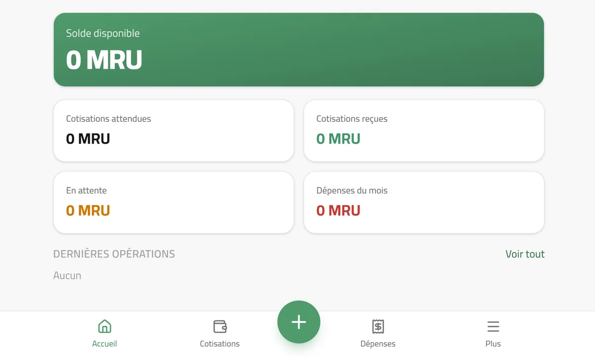 Prototype Hsabna : tableau de bord avec solde disponible, cotisations attendues, cotisations reçues, montants en attente et dépenses du mois en MRU