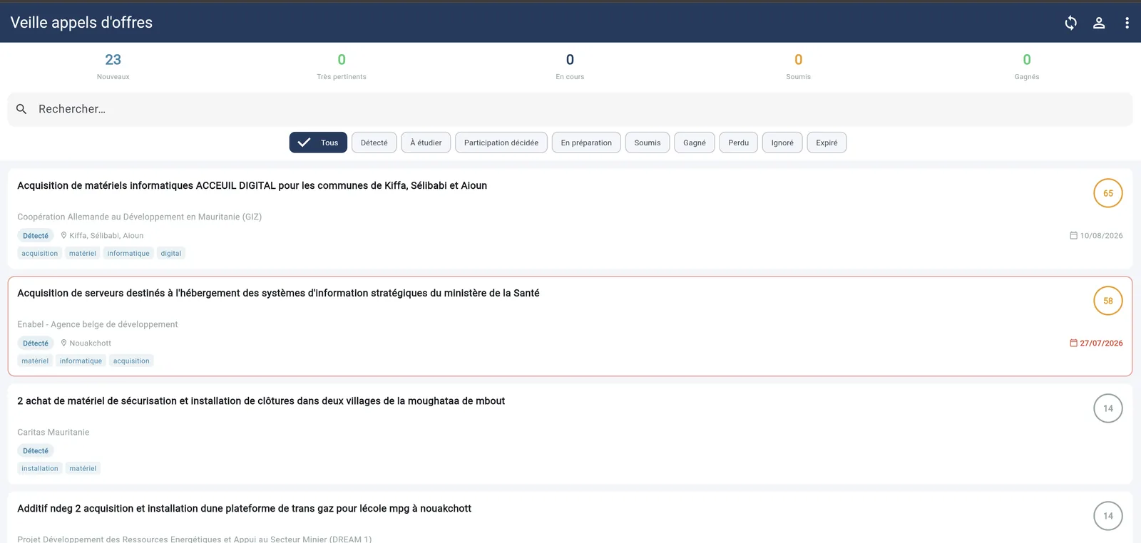 Veille des appels d'offres publics dans Teshil, avec score de pertinence par opportunité