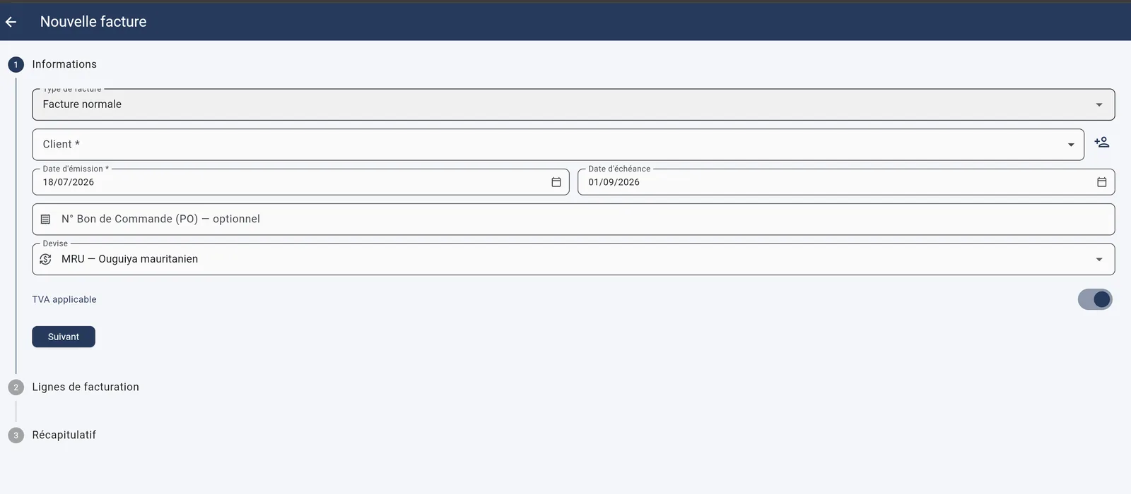 Liste des factures dans Teshil ERP avec leur statut émise, part. payée ou payée
